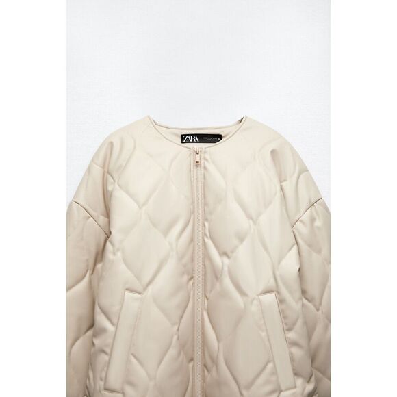 Cream Zara Quilted Pattern Faux Leather Puffer Jacket (NWT) - Picture 8 of 11
